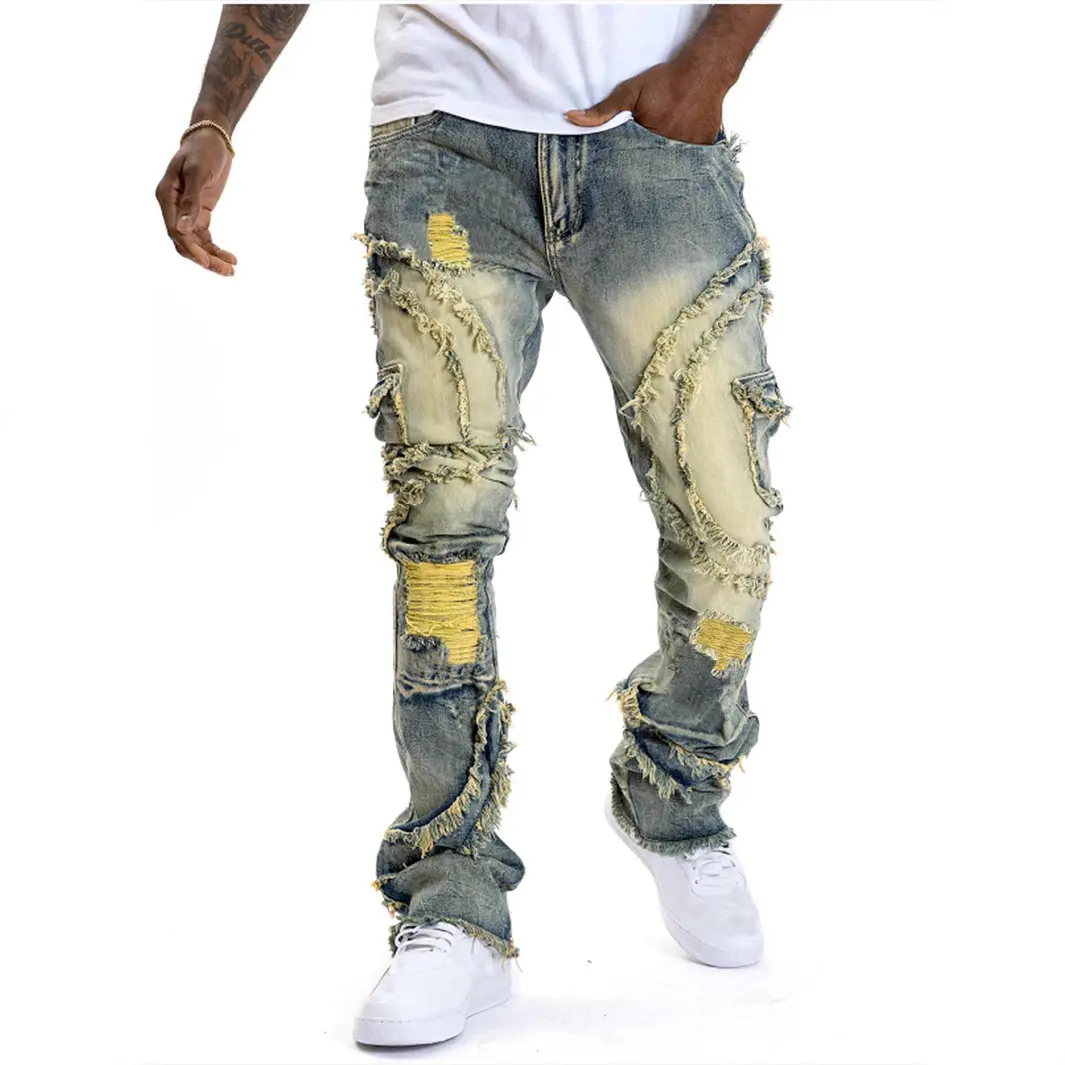 Men's Mid Rise Straight Leg Stretch Denim Jeans Distressed Ripped Frayed Fringe Vintage Wash Fitted Trouser with Pocket All Seasons Casual Streetwear Beige Bottoms for Fashion Forward Men summervibes Menswear Love summerwins