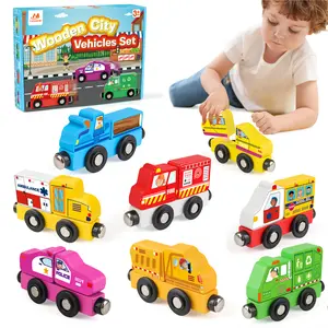 Vanmor Town Vehicles Set, Wooden Cars Magnet Connection Toys-8Pcs, Combination of Different Town Vehicle Themes, Christmas、Birthday Gifts for Boys & Girls