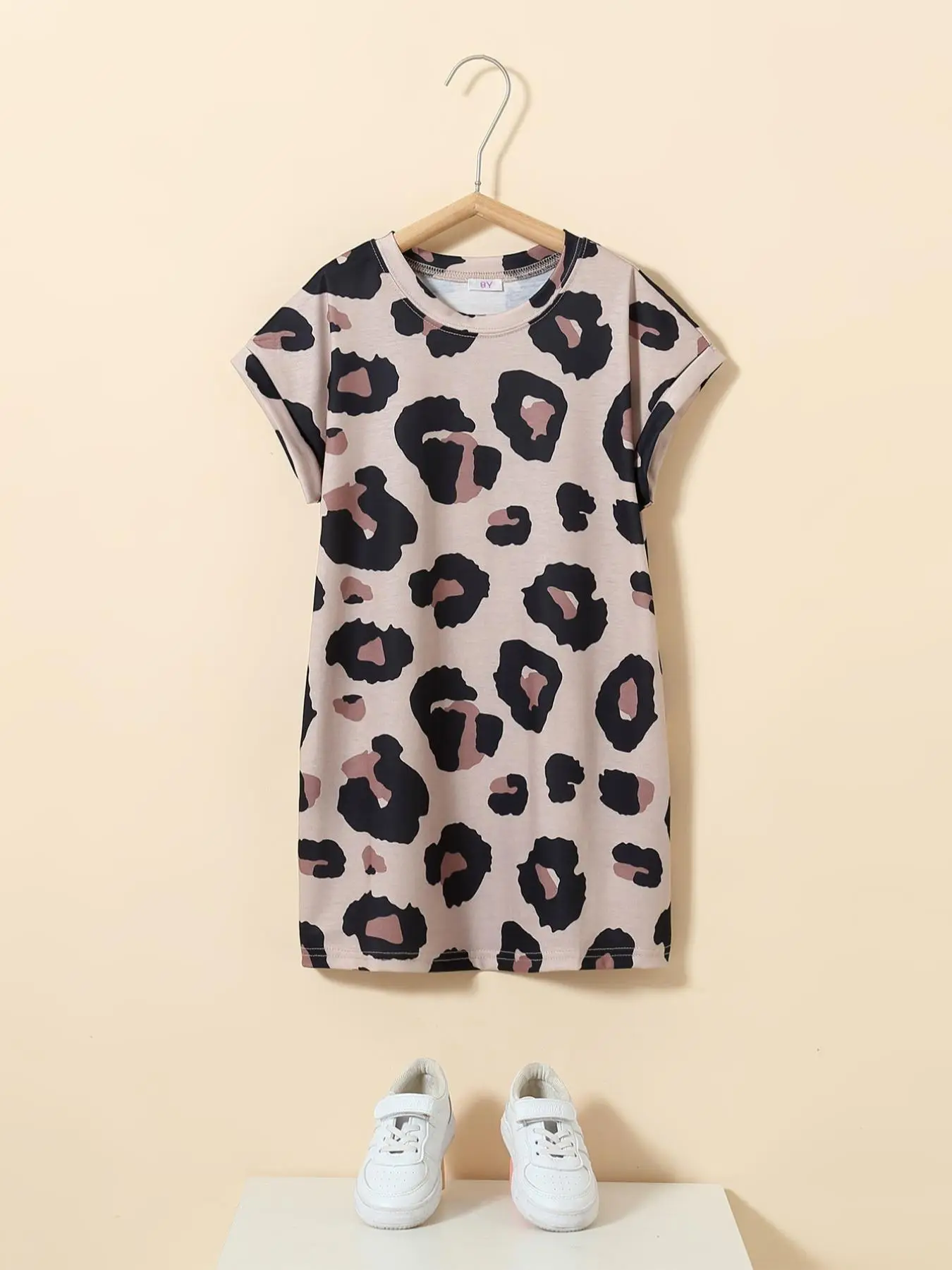 Girl's Leopard Print Batwing Sleeve Tunic Dress, Casual Round Neck Short Sleeve Dress for Daily Outdoor Wear, Kids Clothes for All Seasons