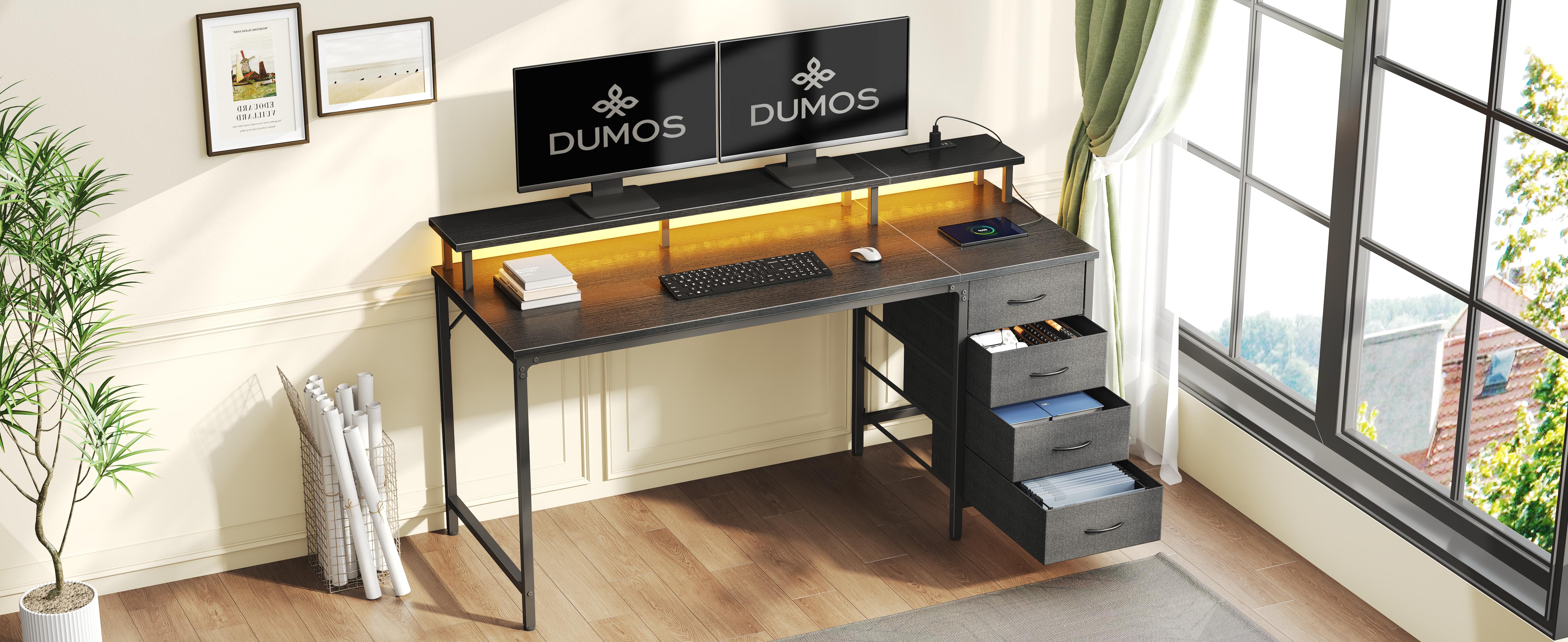 Sweetcrispy 47" Wood-Metal Gaming Desk with Power Outlets, LED Lights, 4 Drawers, Monitor Stand & Compact Design for Home Office Small Spaces