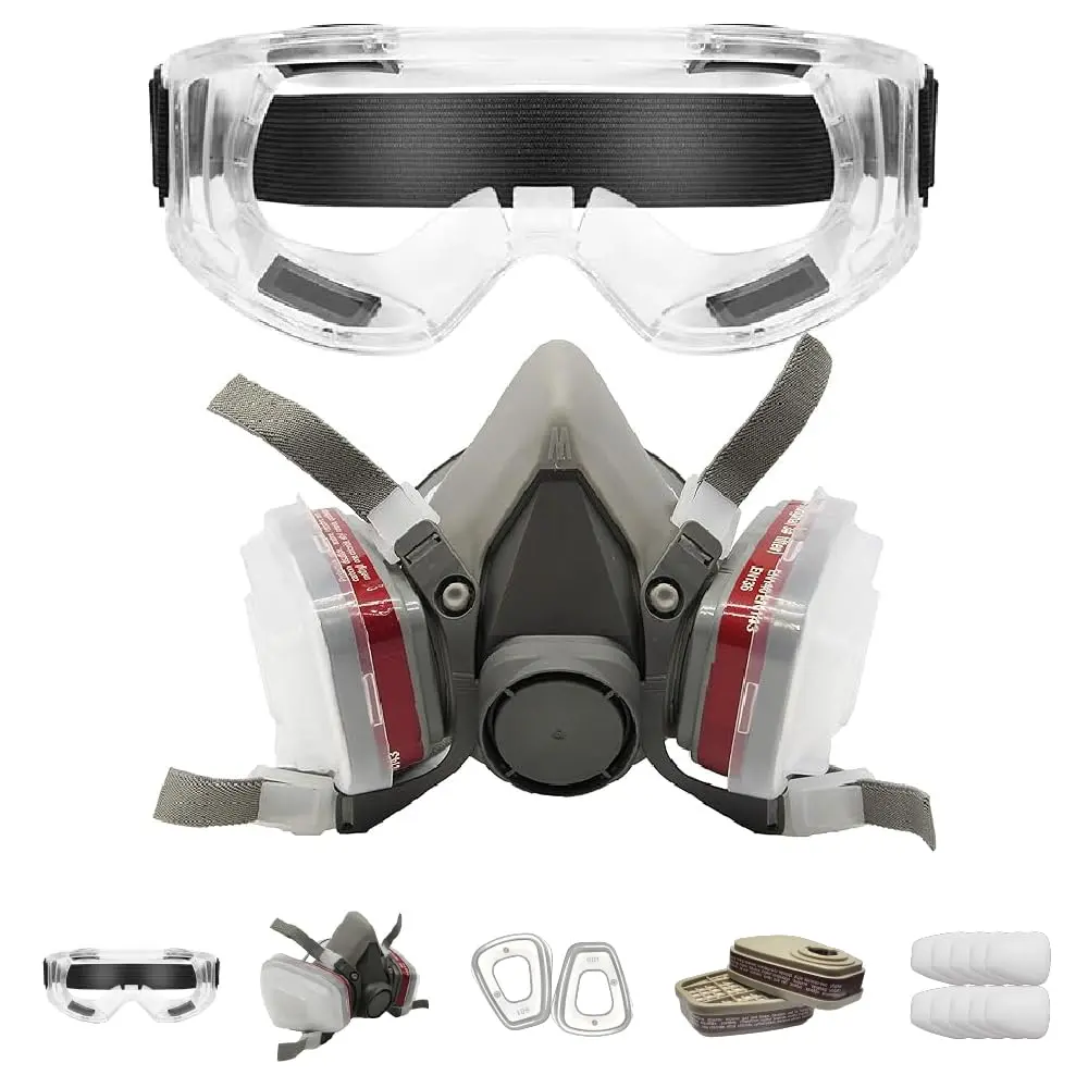 Reusable Half Face Cover Set with Safety Glasses for Gas, Painting, Machine Polishing, Staining, Car Spraying, Sanding & Cutting, DIY and Other Work Protection