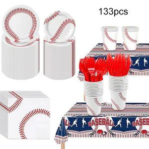 133 pieces of white baseball party supplies - a complete set of disposable paper plates for wedding and bachelor parties, plastic forks, knives, spoons, napkins, cups, accommodating 16 people, party bags