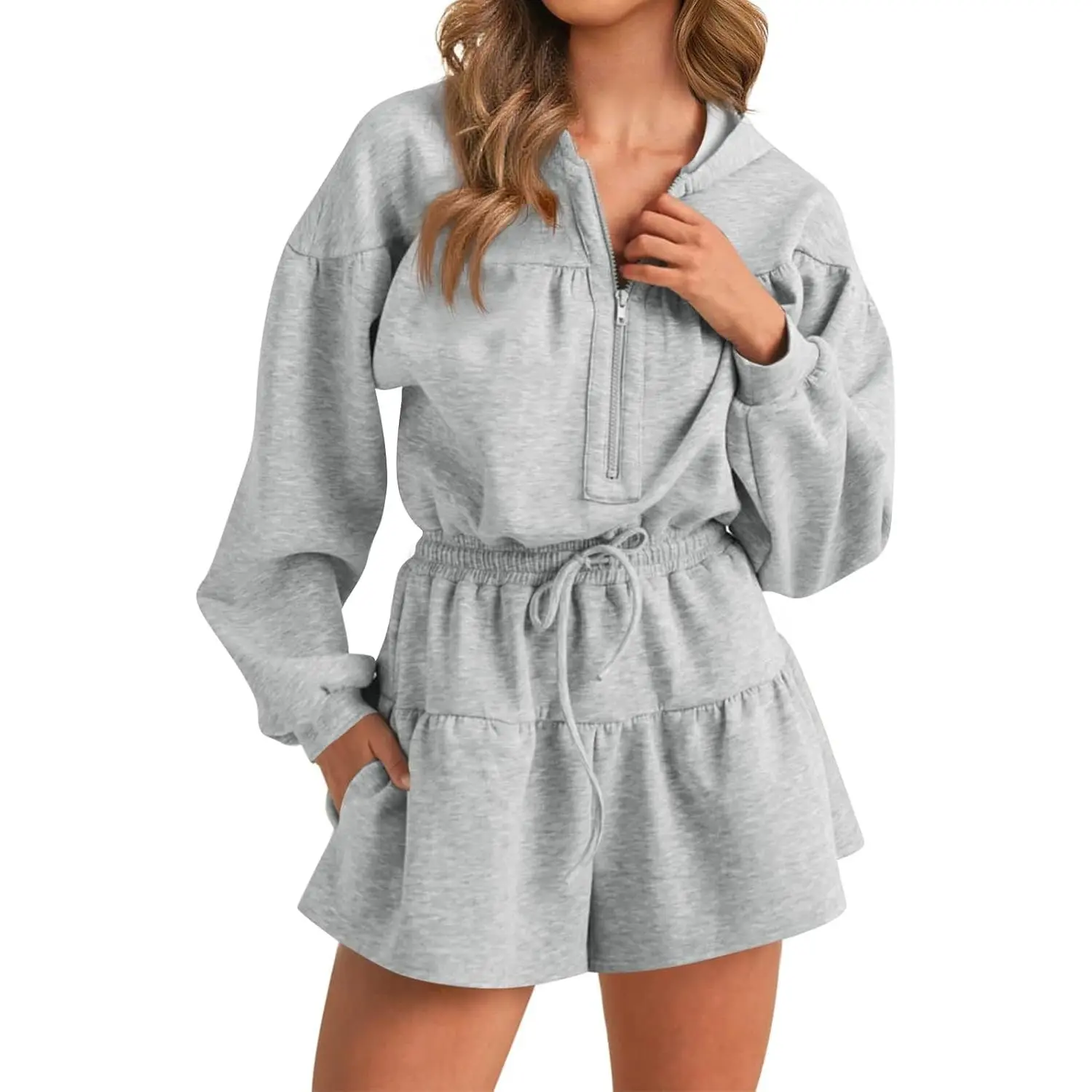 PiePieBuy Womens Rompers Casual One Piece Outfits Half Zip Long Sleeve Hoodies Casual Shorts Drawstring Waist Jumpsuits