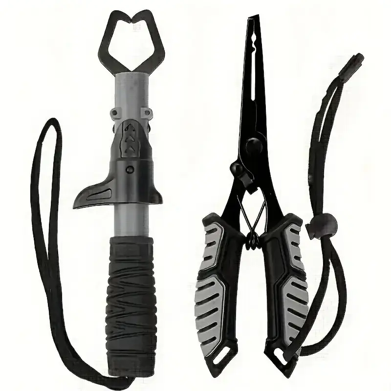 3-Piece Stainless Steel Corrosion-Resistant Outdoor Multi-Tool Kit with Ergo TPR Grip, 1-Finger Operation Line Cutter, Hook Remover, Split Ring, Fish Lip Gripper, Lanyard, Sheath for Fly, Ice Fishing (Black) – Ice Fishing Equipment