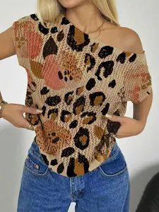 Spring Summer Women's Beach Vacation Casual Style Asymmetrical Neck Shoulder Reveal Batwing Sleeve Semi-Transparent Lace, Leopard Print Knit Top