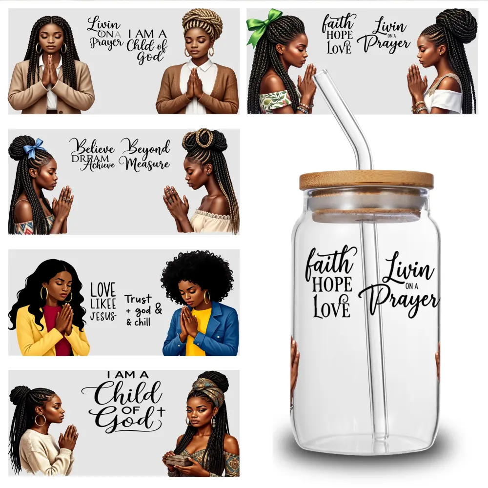 5 Pcs 3D Effect UV DTF Transfer Stickers, 9.4x4.3 Inch Peony Faith Hope Love Livin Prayer Magnetic Self-Adhesive Waterproof Decals for Cups, Glasses, Plastic Home Decor