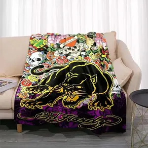 Black Panther Tattoo Tiger Style Flannel Blanket, Gothic Skull & Rose Plush Throw Blanket, Ultra Soft Fleece Blanket for Couch Bed Sofa Home Decor Gift