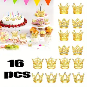 16 Pcs alloy mini crown cake decoration with rhinestone decorative top, suitable for decorating cakes, cupcakes, bouquets, wedding, bridal showers, birthday parties, anniversaries