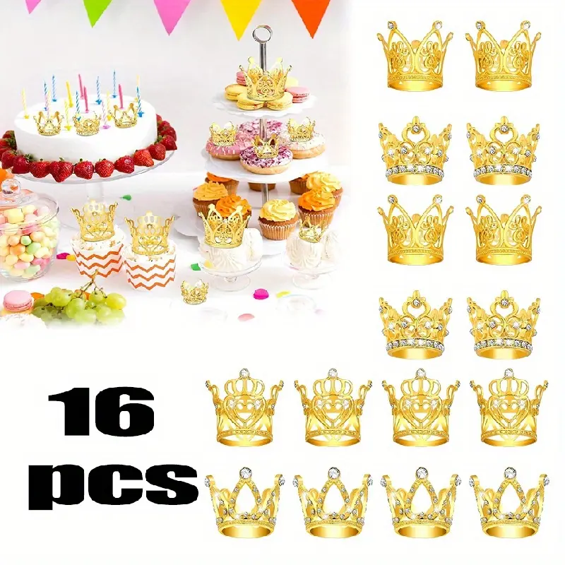 16-Pcs Reusable Small Size Alloy Mini Crown Cake Toppers with Rhinestone Ornaments - Sewing & Haberdashery Accessory Complement for Happy Birthday, Wedding, Bouquet Flowers Decorations