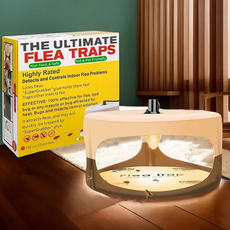 Indoor Flea Trap Kit 2-Pack, Flea Killer for House Indoor Pest Control Set with Light, Sticky Bed Bug Trapper, 6 Glue Disc Refills and 6 Lightbulbs