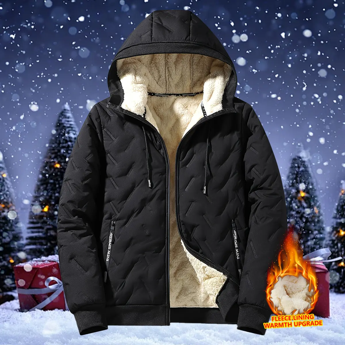Men's Thick Long-Sleeve Hooded Puffer Lamb Wool-Cotton Jacket, Full Zipper, Soft Polyester Lining, Zipper Pockets, Extra Warm Regular Fit Outerwear for Cold Weather, Machine Washable Beige Casual Menswear Coat