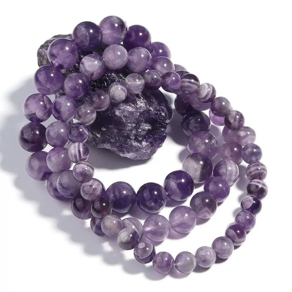 Female Minimalist 6mm Dream Amethyst Round Beaded Bracelet - Hand-Strung Natural Chevron Amethyst, Stretch Beading Bracelet for Adult Crystal Jewelry Lovers, Easy to Slip On, Adults, 6Mm Dream Amethyst Beaded Bracelet