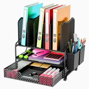 Simple Trending Metal Desk File Organizer with Sliding Drawer, Metal Mesh Double Tray and 5 Upright Section Sorter and 2 Pen Holder, Black