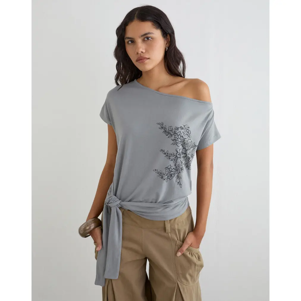 Lola Tie Waist Top in Artistic Floral Grey