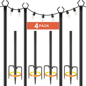 8Ft String Light Poles 4-8 Pack,Light Poles for Outside Lights,Outdoor with Fence Brackets Hanging Lights,Metal Stand Deck Patio Backyard