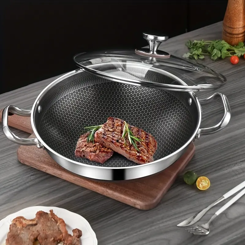 LAISONWARE Stainless Steel Wok Pan with Lid - 12.6 Inch Non-Stick Honeycomb Coating with Induction Base, Durable Cooking Utensil for Efficient Stir-Frying, Non Stick Pan, Cookware