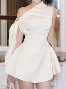 Women's Elegant Solid Color Tie-Shoulder Sleeveless Minimalist Short Shift Dress, Light-Colored