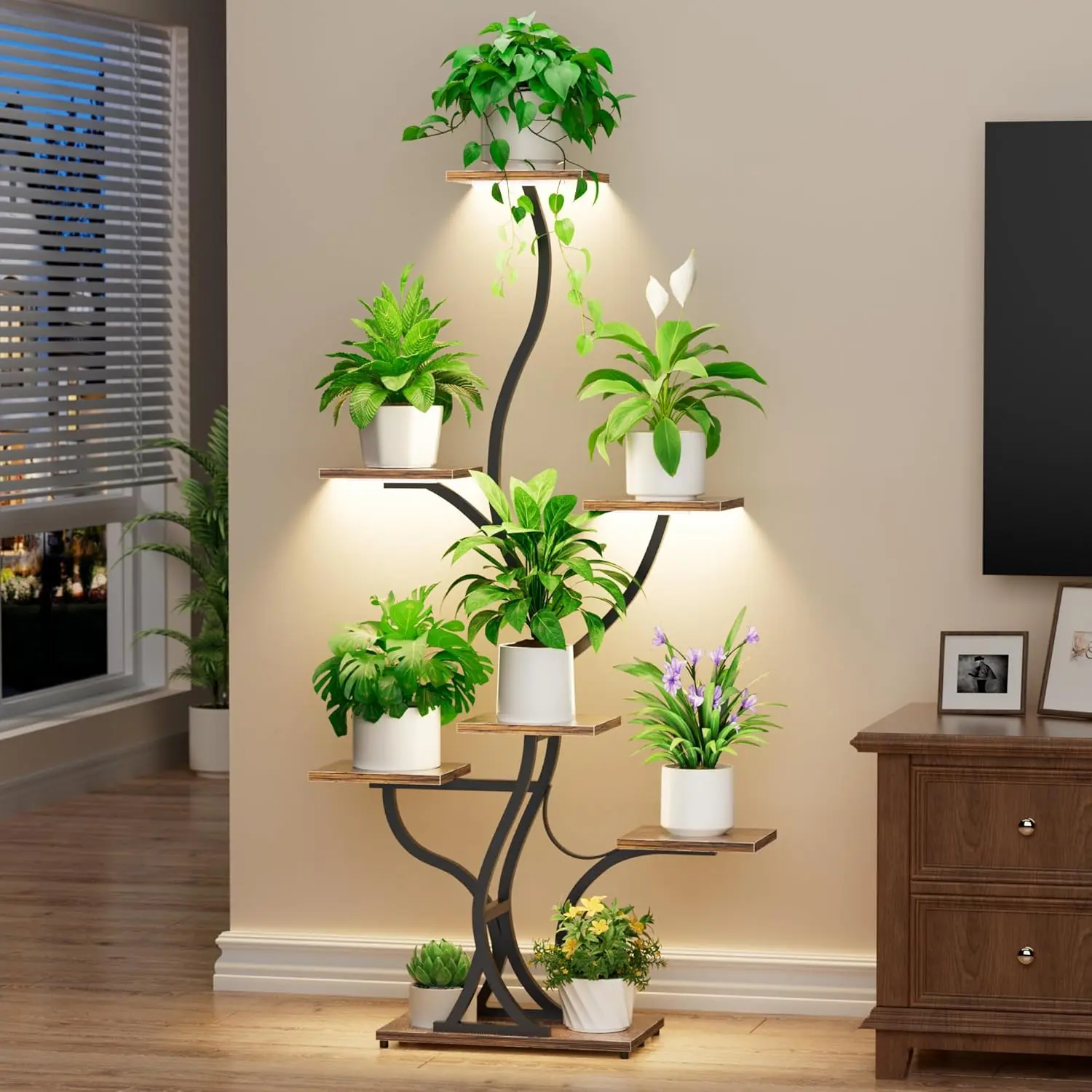 59" Tall Sturdy 7-Tier Reinforced Steel Corner Garden Pot Stand - Adjustable Grow Lights Shelf, 20lb Capacity, Cascading Green Display Rack with Twisted Branches, Vertical Space Saver for Living Room, Patio Decor (Incl. Visual Manual), Plant Stand