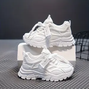 Trendy Youth | Kids' Breathable Sneakers - Soft Sole Comfort, White Chunky with "DINNI" Branding, Elastic Laces, Low-Top Design for Spring & Summer Casual Wear, Sneakers|Tassel Accents|Breathable Upper