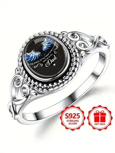 Mother's Day Gift Silver Color Angel Wings Heart Memorial Ring, Engraved Ring, Boho Style Engagement and Wedding Jewelry, Durable Metal Oval Gift for All Seasons, Boho Style Rings