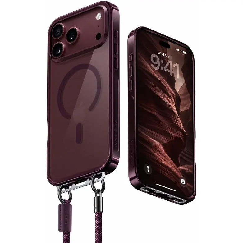 CASEKOO Color-Matched Burgundy/Glacier MagSafe Case iPhone 18/17/16 Pro/Pro with Wrist Strap Glossy Premium LINKOO, Patented ClipSafe: Built-in Foldable Hidden Tab, Camera Lens & Raised-Edge Screen Protection, Never Yellow Clear Back, stock up