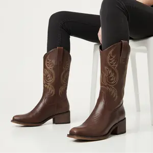 REDTOP Women's Brown Embroidered Cowgirl Boots with Sturdy Wooden Heel and Square Toe Classic Western Style Casual Footwear