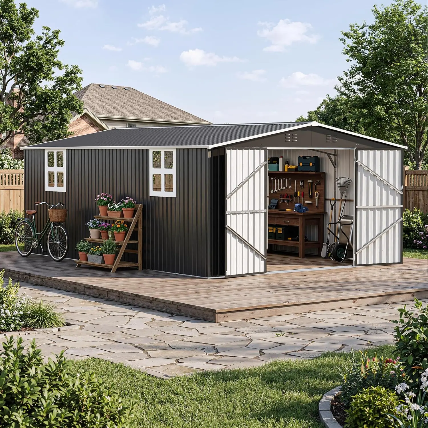 Polar Aurora 12x18 FT Outdoor Storage Shed | Metal Shed with Window, Updated Frame Structure and Lockable Doors for Backyard Garden Patio Lawn, Black