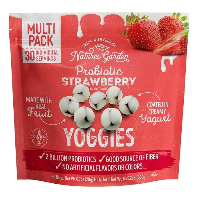 Probiotic Strawberry Yoggies, 21oz (30 x 0.7oz), Yoggie Bites Strawberry Yogurt Covered Snack Pack, High Fiber, Delicious Real Fruit Pieces, No Artificial Flavors or Colors, Better-For-You Snack for Adults & Kids