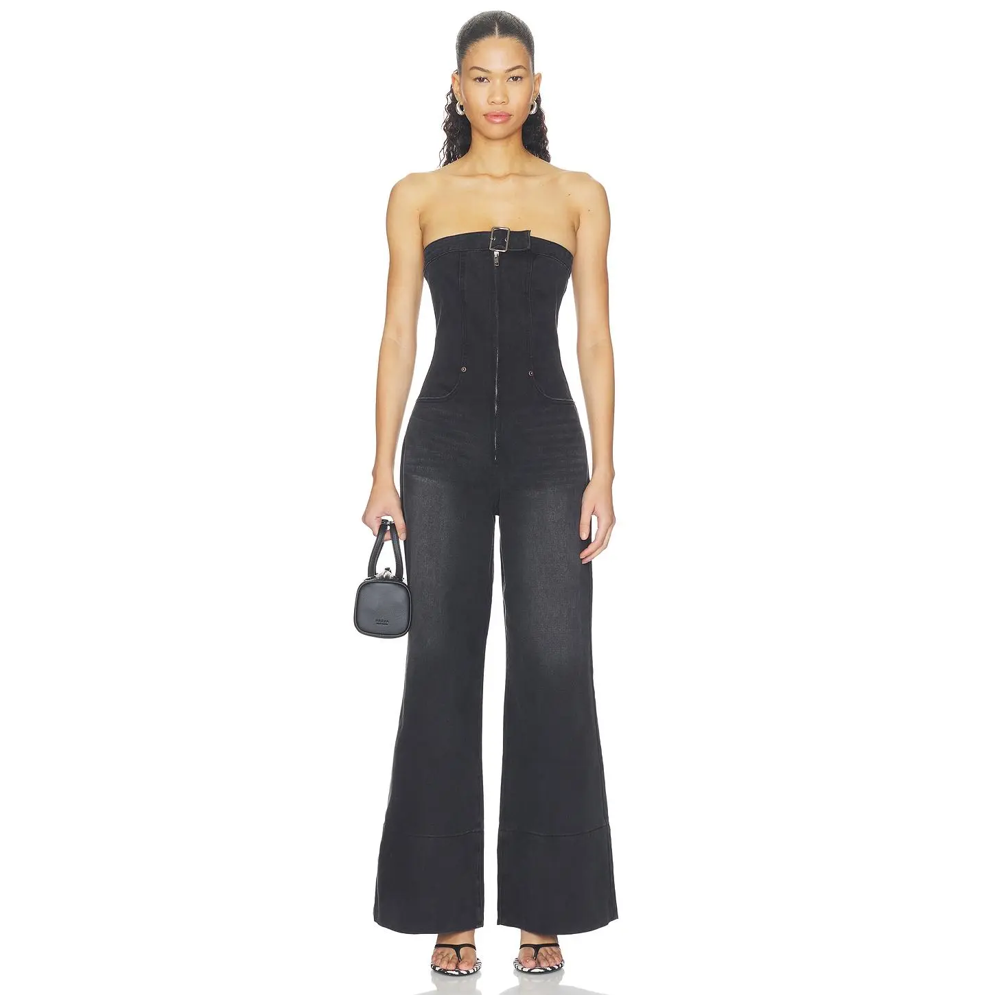 One Teaspoon Dark Angel Strapless Wide Leg Denim Jumpsuit in Smokey Black