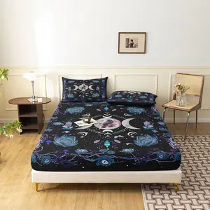 3Pcs Purple Blue Moon Phase Rose Crow Fitted Sheet Set, Gothic Witchy Floral Bed Sheets with Pillowcases, Dark Cottagecore Aesthetic Bedding Bed Sheet Sets (1 Fitted Sheet + 2 Pillowcase No Pillow)