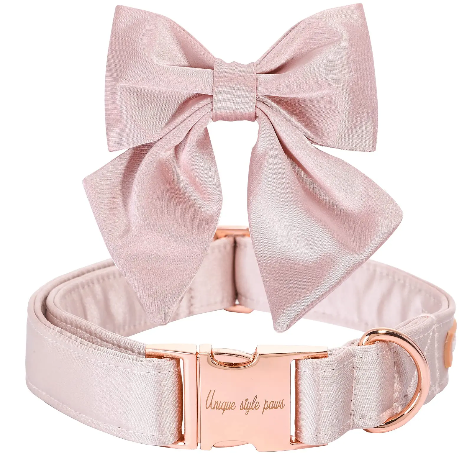 UNIQUE STYLE PAWS Velvet Chew Resistant Dog Collar - Pink with Removable Solid Bow, Adjustable, Durable, for Small to Large Dogs, Daily Wear, Lay Flat to Dry