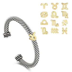 Aprilery ’This Feels Like Me‘ Self-identity Zodiac Sign Bracelet Great Gifts Affordable Constellation Jewelry for Women Personalized Birthday Mother's Day Gift Vintage Style Twisted Cable Stackable Cuff Bangle Adjustable Fashion Accessories