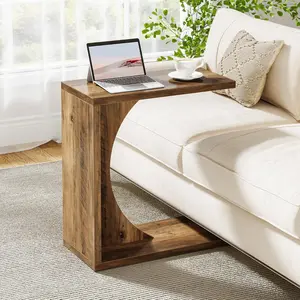 Tribesigns C-Shaped End Table for Couch, Small Bedside Table for Sofa, Wooden Nightstand for Living Room Bedroom Laptop Work Desk (1, Rustic Brown)