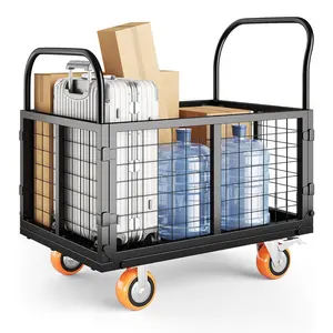 Platform Truck Cart with Cage, 6-in-1 Multi-Purpose Flatbed Cart, Foldable Hand Truck Load 1800 LBS with 4 Wheels Push Cart Dolly for Grocery, Laundry, Garage, Warehouse
