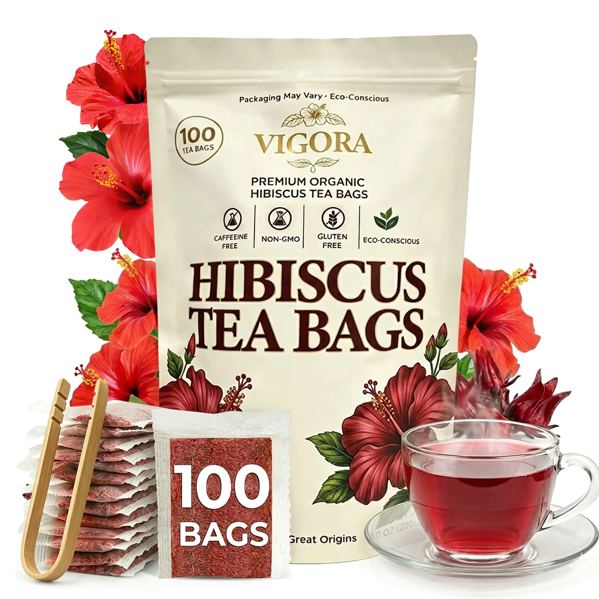 VIGORA Hibiscus Tea Bags 100 Count – 100% Pure Natural Dried Hibiscus Flowers, Caffeine Free Herbal Tea, No Additives No Sugar, Premium Loose Flower Tea Bags for Hot or Iced Tea