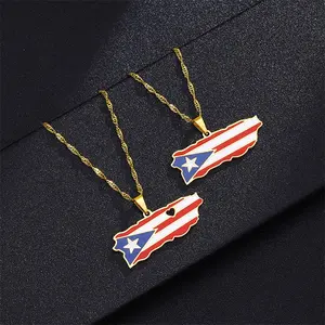 Stainless Steel Puerto Rico Map Pendant Necklace Unisex Elegant Sweater Chain Women Autumn Winter Sweatshirt Chain Accessory punk jewelry