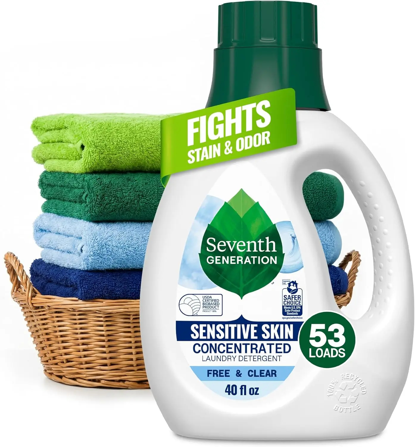 Seventh Generation Concentrated Free & Clear Laundry Detergent, 40 oz, No Dyes or Fragrance, Sensitive Skin Liquid Laundry Soap Targets Stains and Everyday Messes With Biobased Formula