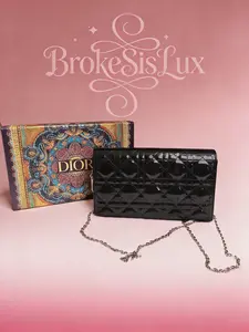 Pre-owned Dior Lady Chain Wallet in Black Patent Leather & Silver Tone Hardware