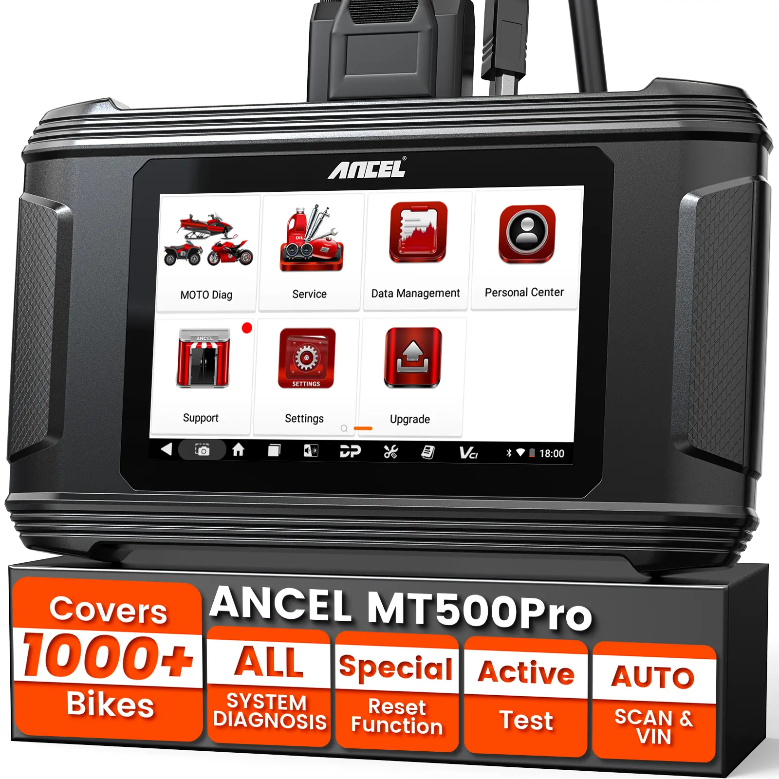 ANCEL MT500 PRO Motorcycle Scanner - OEM-Level Full System OBD2 Tool for 1000+ Models, 30+ Service Functions, 8 Adapters, Wi-Fi Updates, Rugged Screen for Riders (Garage/Outdoor Use, Fits Harley Honda Yamaha), Kawasaki, English, Active Tests, 1 Year Free