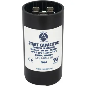 Appli Parts motor start capacitor 80-106 Mfd (microfarads) uF 110-125 VAC universal fit for electric motor applications 1-7/16 in Diameter 2-3/4 in Height CON-88-110