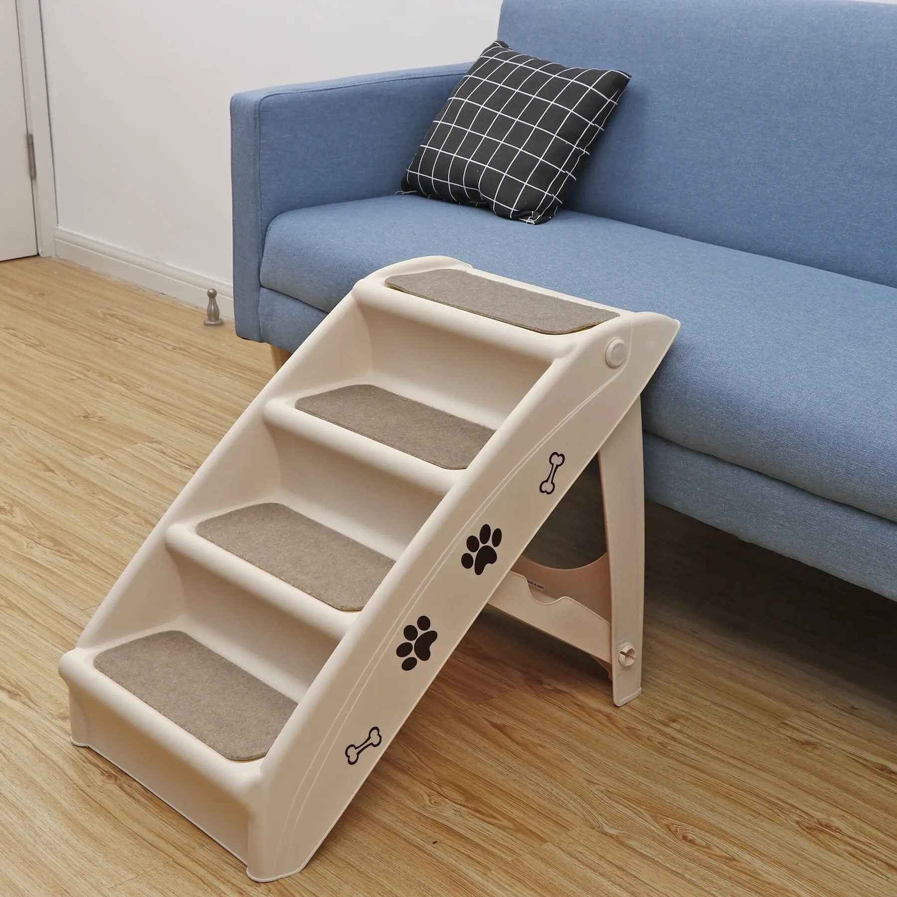 Pet Republic 4-Step Non-Slip Pet Stairs with Paw-Friendly Washable Carpets, Foldable Plastic Structure, Beige, Home Use, Safe Easy Climbing for Dogs (100Lbs Capacity)