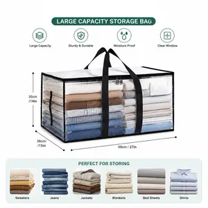 Transparent extra-large moving bag, heavy-duty waterproof storage tote bag, equipped with reinforced handles and zippers, transparent storage bag, suitable for clothing, bedding, dormitory, and moving purposes