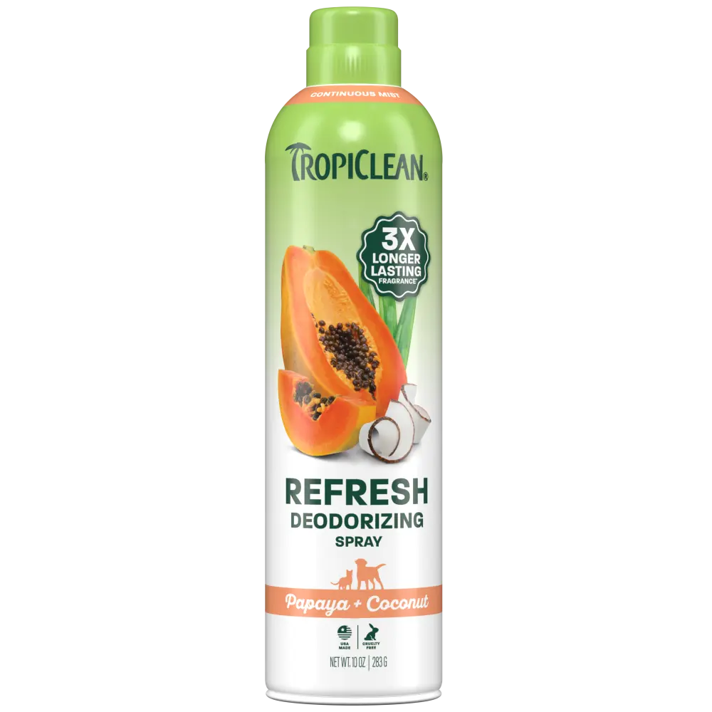 TropiClean Papaya + Coconut Deodorizing Pet Spray - 3X Long-Lasting Scent, Odor Eliminator, Dog Perfume, Dog Deodorizing Spray, After Bath Dog Cologne, Detangling Spray with Vitamin E, 10oz