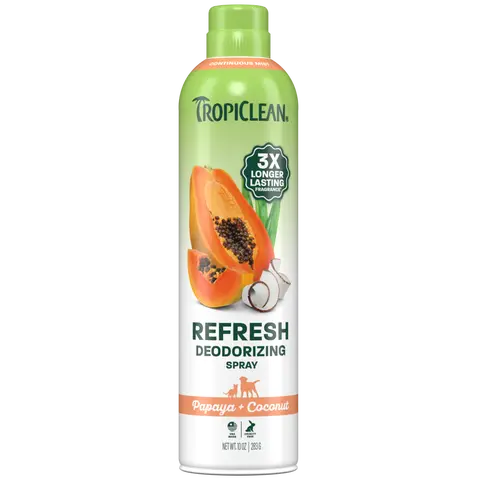 TropiClean Papaya + Coconut Deodorizing Pet Spray - 3X Long-Lasting Scent, Odor Eliminator, Dog Perfume, Dog Deodorizing Spray, After Bath Dog Cologne, Detangling Spray with Vitamin E, 10oz
