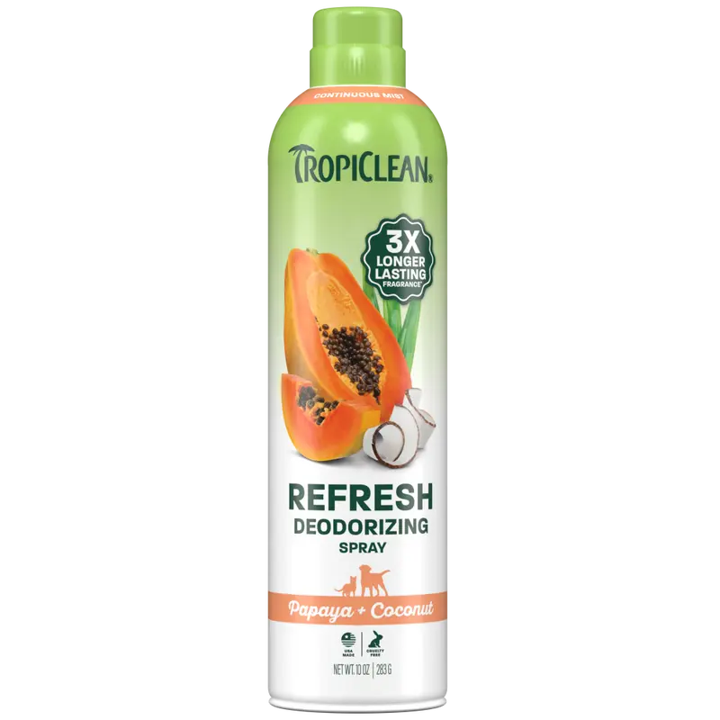 TropiClean Papaya + Coconut Deodorizing Pet Spray - 3X Long-Lasting Scent, Odor Eliminator, Dog Perfume, Dog Deodorizing Spray, After Bath Dog Cologne, Detangling Spray with Vitamin E, 10oz