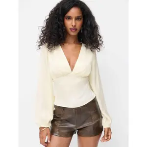 Cider Satin V-neck Tie Back Long Sleeve Blouse