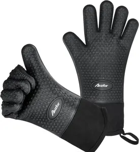 Silicone Cooking Gloves, Grilling Gloves, Heat Resistant Gloves BBQ Kitchen Silicone Oven Mitts, Long Waterproof Non-Slip Potholder for Barbecue, Cooking, Baking Auzilar