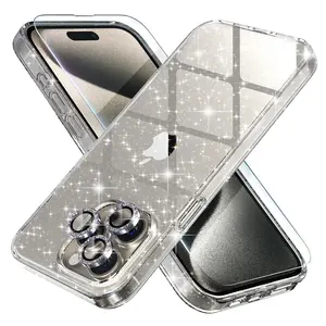 iPhone 15 Pro Max Case, Cute Glitter Clear Bling, 3 Lens + 2 Screen Protectors, 6.7", for Women