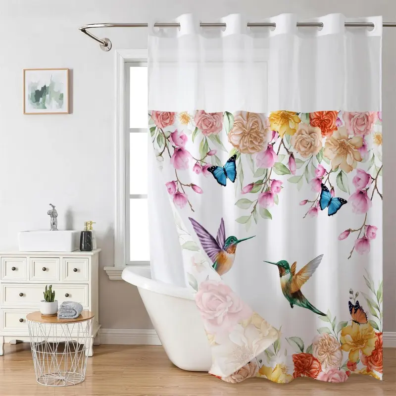 71x74in Hanging Bathtub Shower Curtain, No-Hook Watercolor Floral Hummingbird & Butterfly Design, Snap-In Synthetic Light Modern Window Fabric Liner, Easy Installation, Machine Washable, 3D Printed Versatile and Stylish Artistic Decor, Curtains