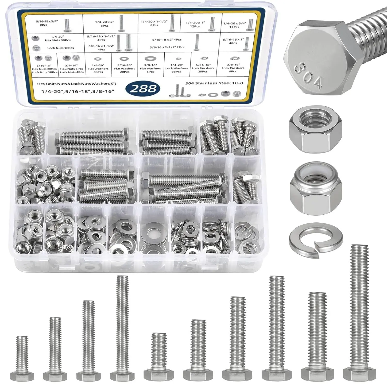 288Pcs 304 Stainless Steel Hex Bolt & Nut Assortment Kit with Lock Nuts & Washers, Available in 1/4-20, 5/16-18, 3/8-16 Sizes